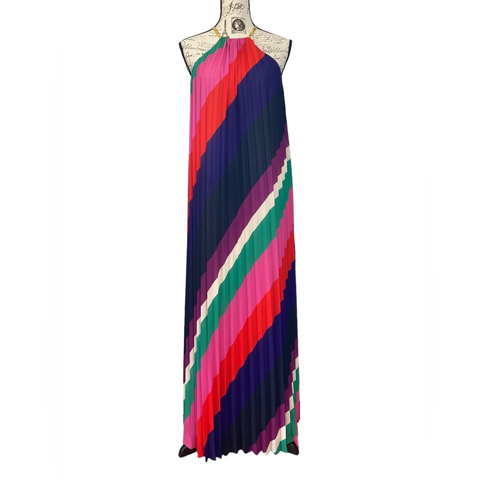 Trina Turk Plume Striped Pleated Maxi Halter Dress